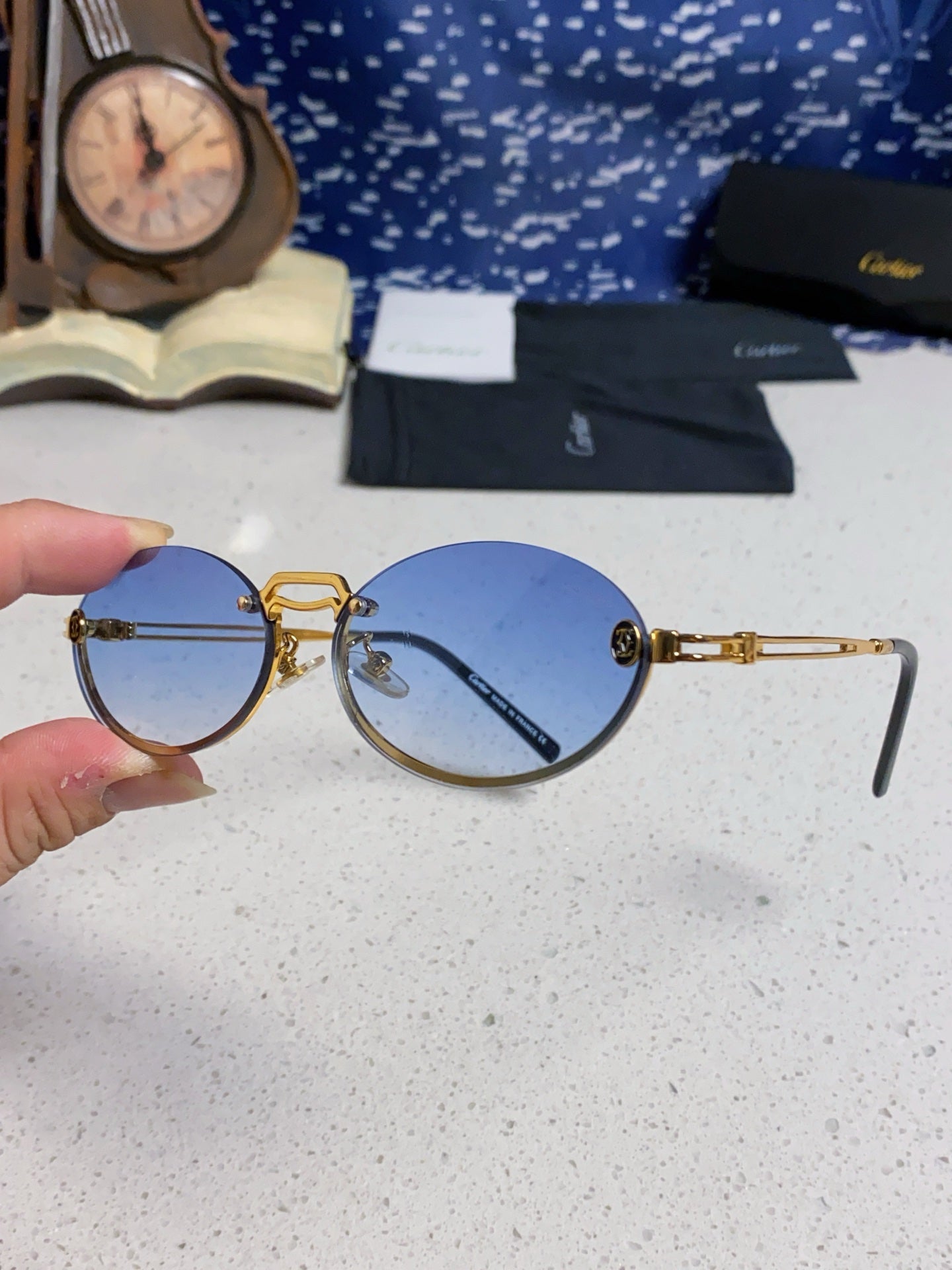 Cartier Lightweight Rimless Blue Lens Sunglasses for Men & Women - 382797 - detail image 6