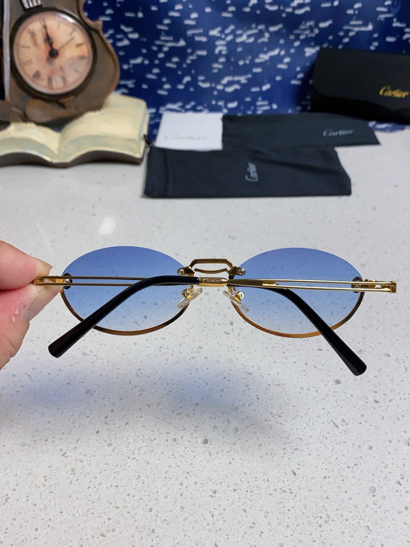 Cartier Lightweight Rimless Blue Lens Sunglasses for Men & Women - 382797 - detail image 5