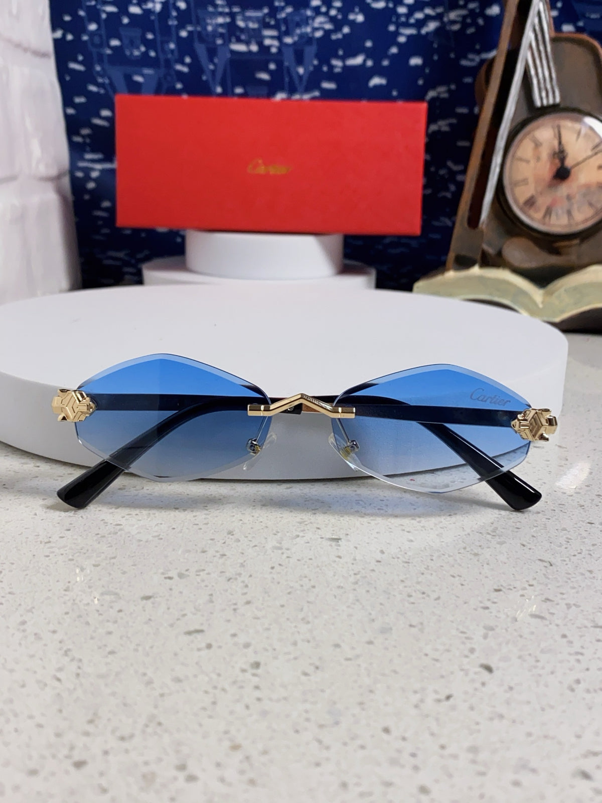Cartier Lightweight Metal Rimless Blue Lens Sunglasses for Women - 415848 - detail image 9