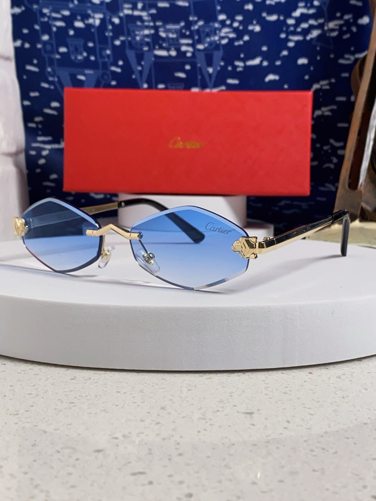 Cartier Lightweight Metal Rimless Blue Lens Sunglasses for Women