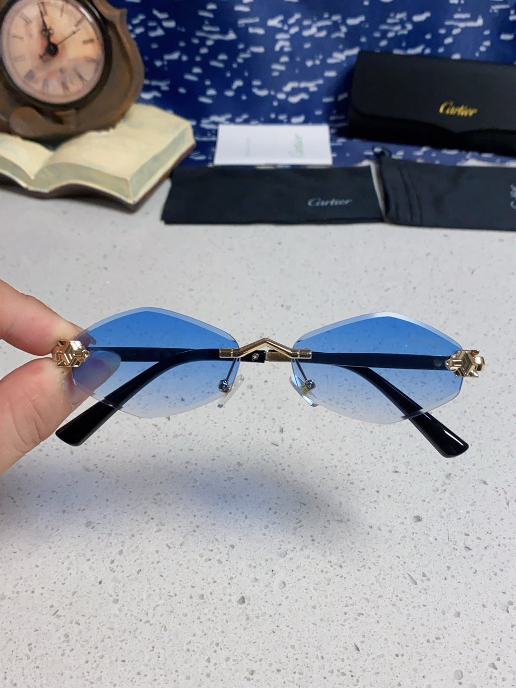 Cartier Lightweight Metal Rimless Blue Lens Sunglasses for Women - 415848 - detail image 4