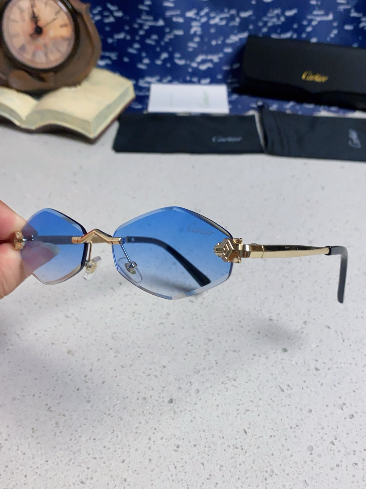Cartier Lightweight Metal Rimless Blue Lens Sunglasses for Women - 415848 - detail image 6