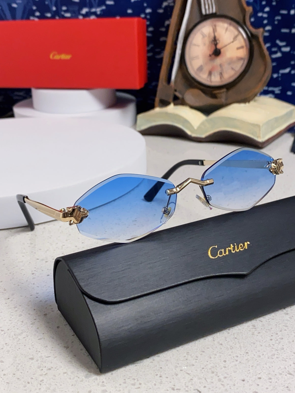 Cartier Lightweight Metal Rimless Blue Lens Sunglasses for Women - 415848 - detail image 10