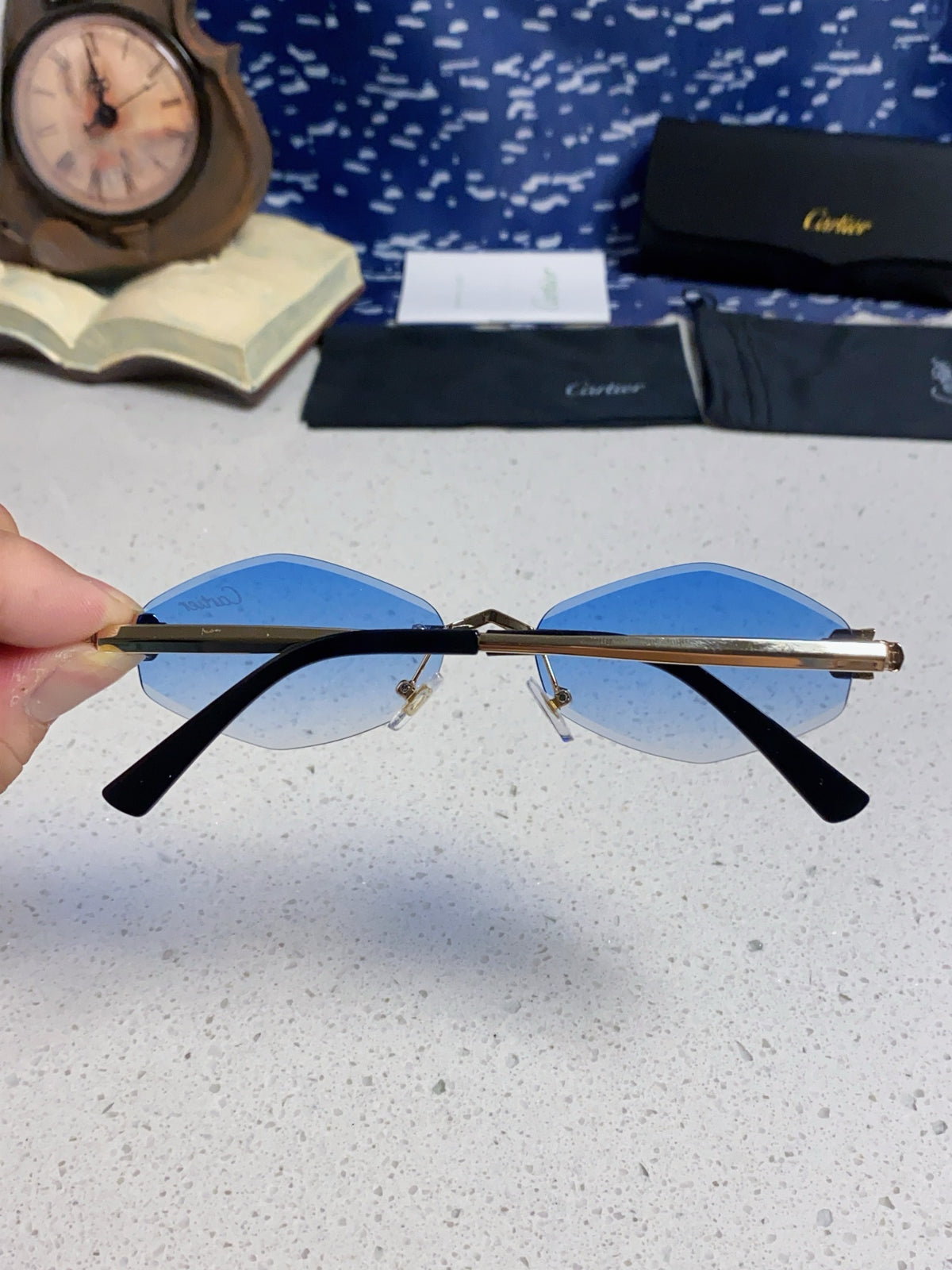 Cartier Lightweight Metal Rimless Blue Lens Sunglasses for Women - 415848 - detail image 5