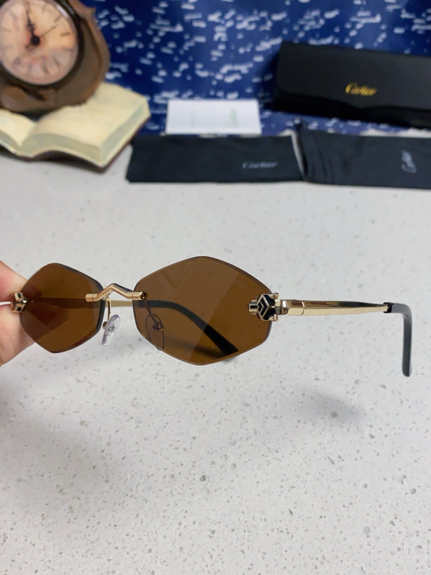Cartier Lightweight Metal Rimless Brown Lens Sunglasses for Women - detail image 6
