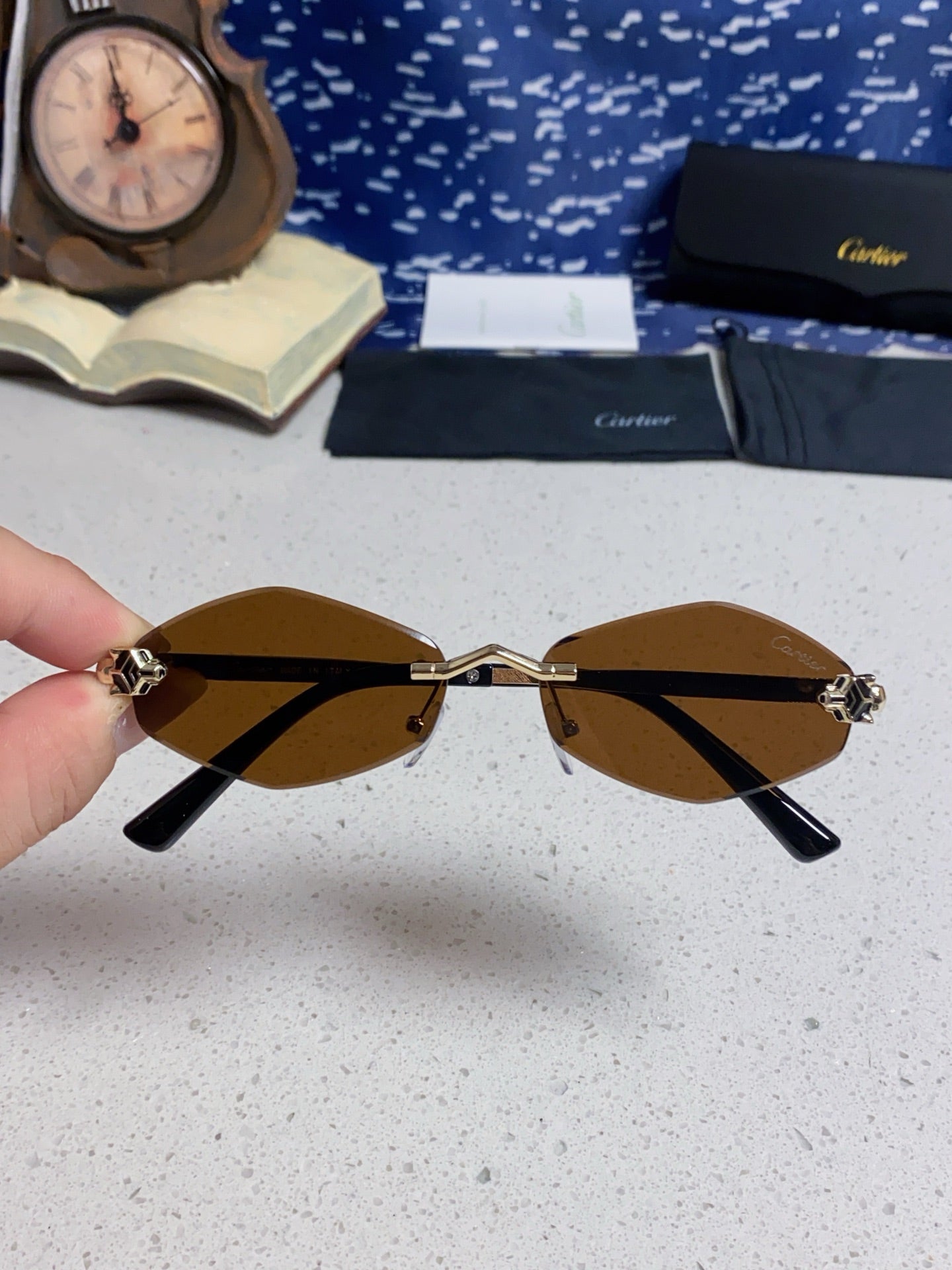 Cartier Lightweight Metal Rimless Brown Lens Sunglasses for Women - detail image 4