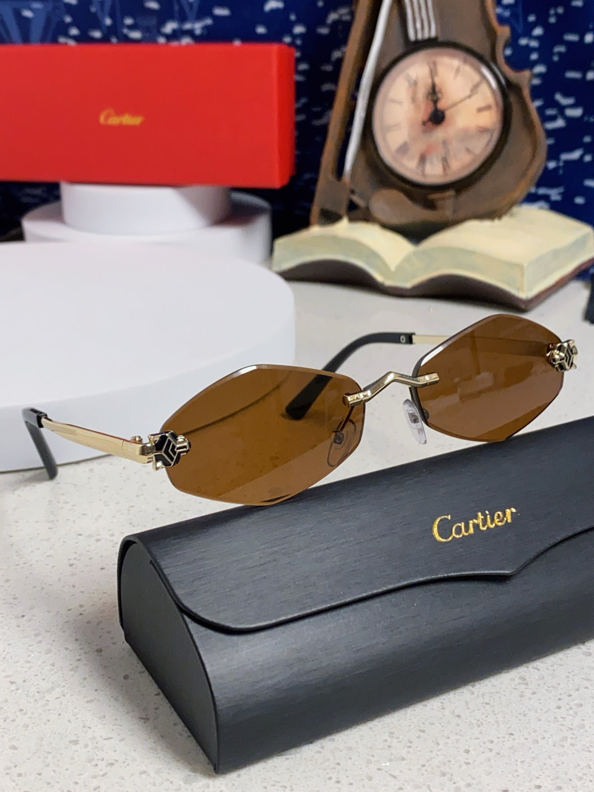 Cartier Lightweight Metal Rimless Brown Lens Sunglasses for Women - detail image 9