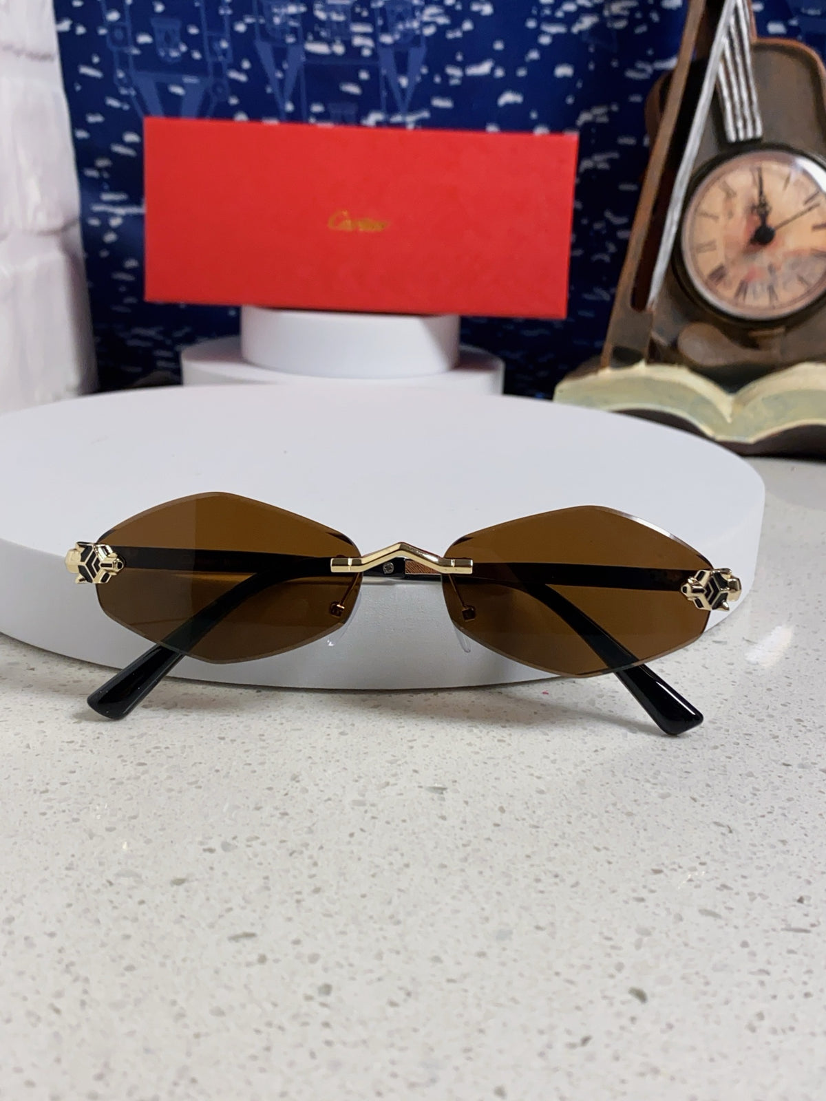 Cartier Lightweight Metal Rimless Brown Lens Sunglasses for Women - detail image 8