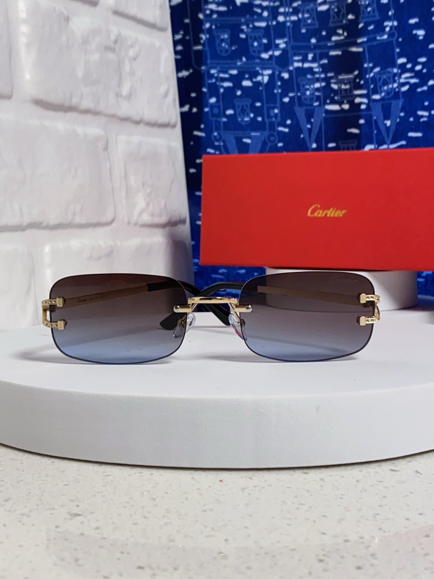 Cartier Lightweight Rimless Blue Lens Sunglasses for Men & Women - 449479 - detail image 2