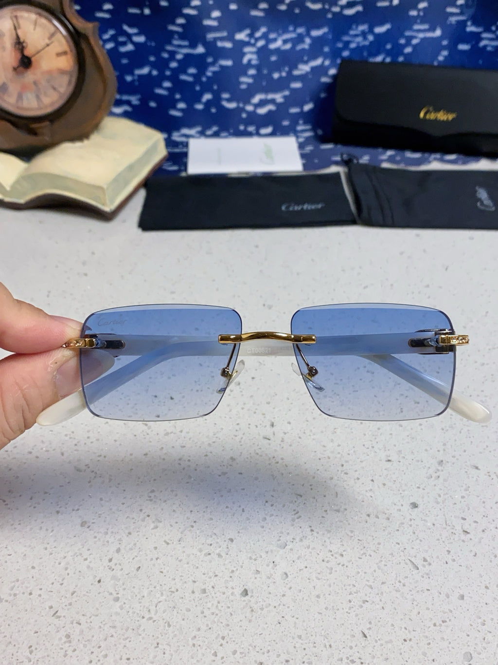 Cartier Lightweight Rimless Blue Lens Sunglasses for Men & Women - 449484 - detail image 4