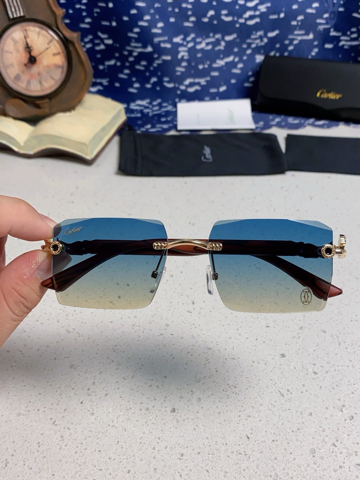 Cartier Lightweight Rimless Blue Lens Sunglasses for Men & Women - 432350 - detail image 4