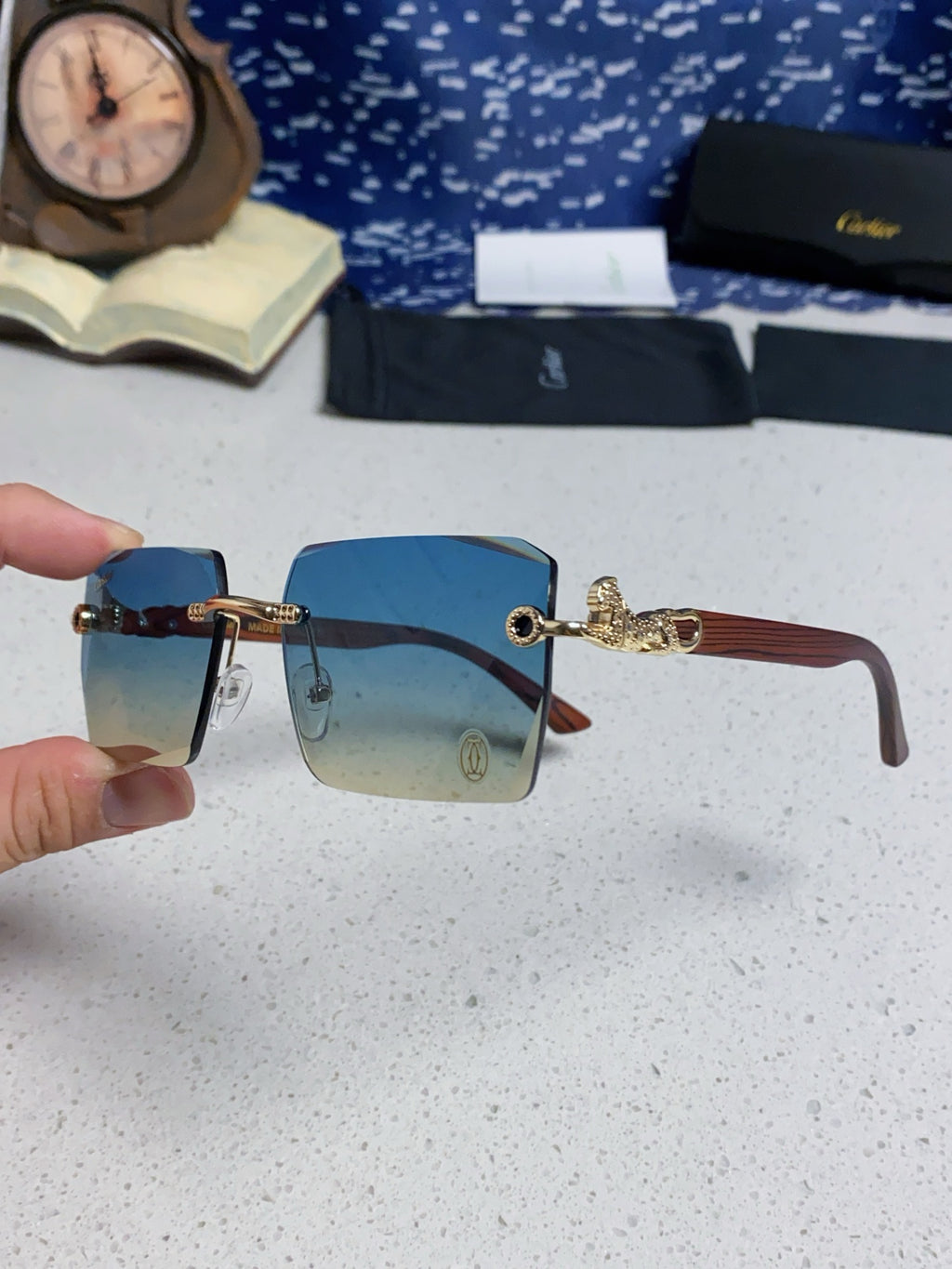 Cartier Lightweight Rimless Blue Lens Sunglasses for Men & Women - 998239 - detail image 6