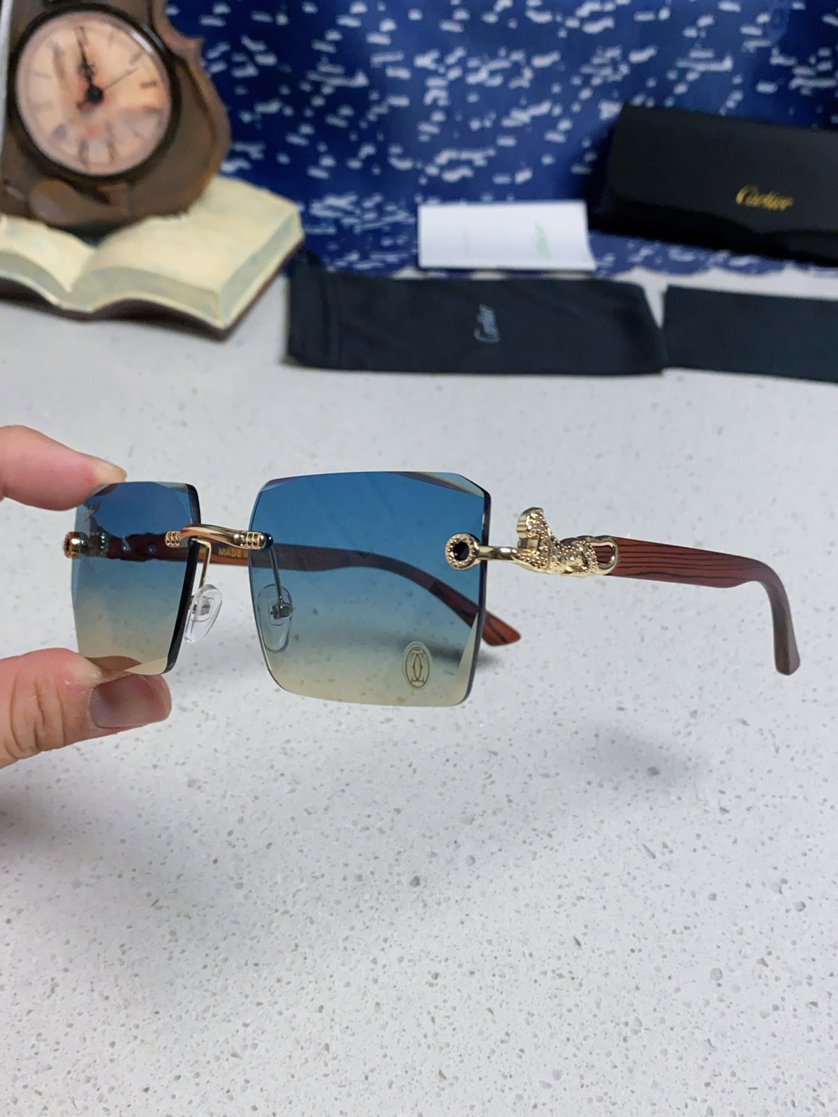 Cartier Lightweight Rimless Blue Lens Sunglasses for Men & Women - 998239 - detail image 6