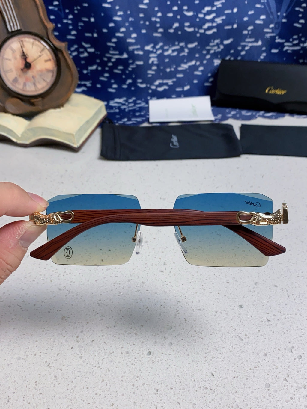 Cartier Lightweight Rimless Blue Lens Sunglasses for Men & Women - 487371 - detail image 5