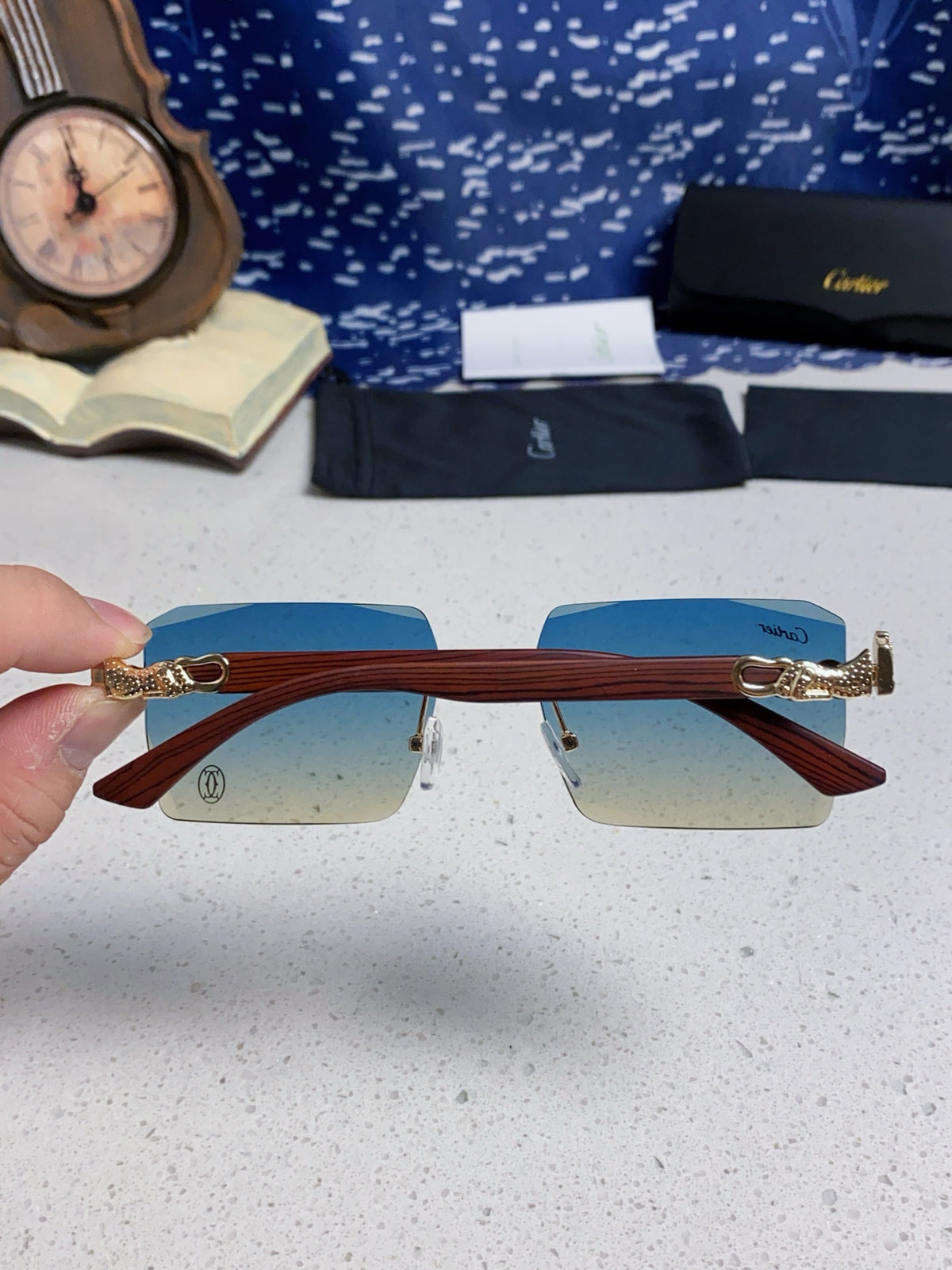 Cartier Lightweight Rimless Blue Lens Sunglasses for Men & Women - 998239 - detail image 5