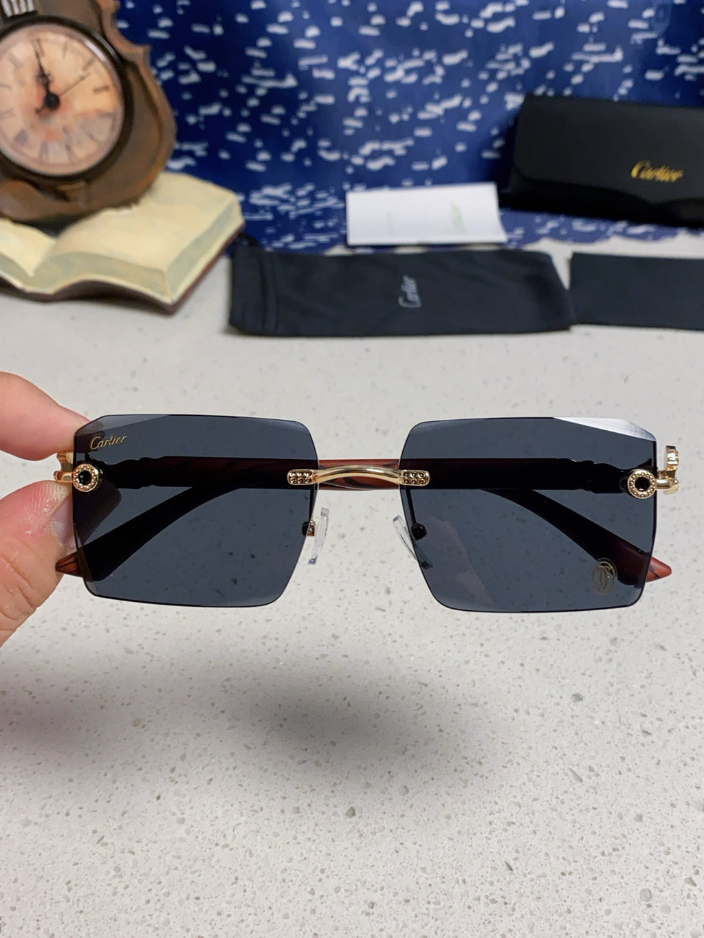 Cartier Lightweight Rimless Blue Lens Sunglasses for Men & Women - 998242 - detail image 4
