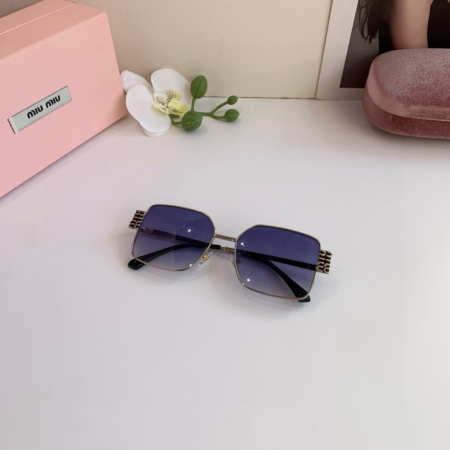 Miu Miu Metal Square Blue Lens Sunglasses for Men & Women - 998410