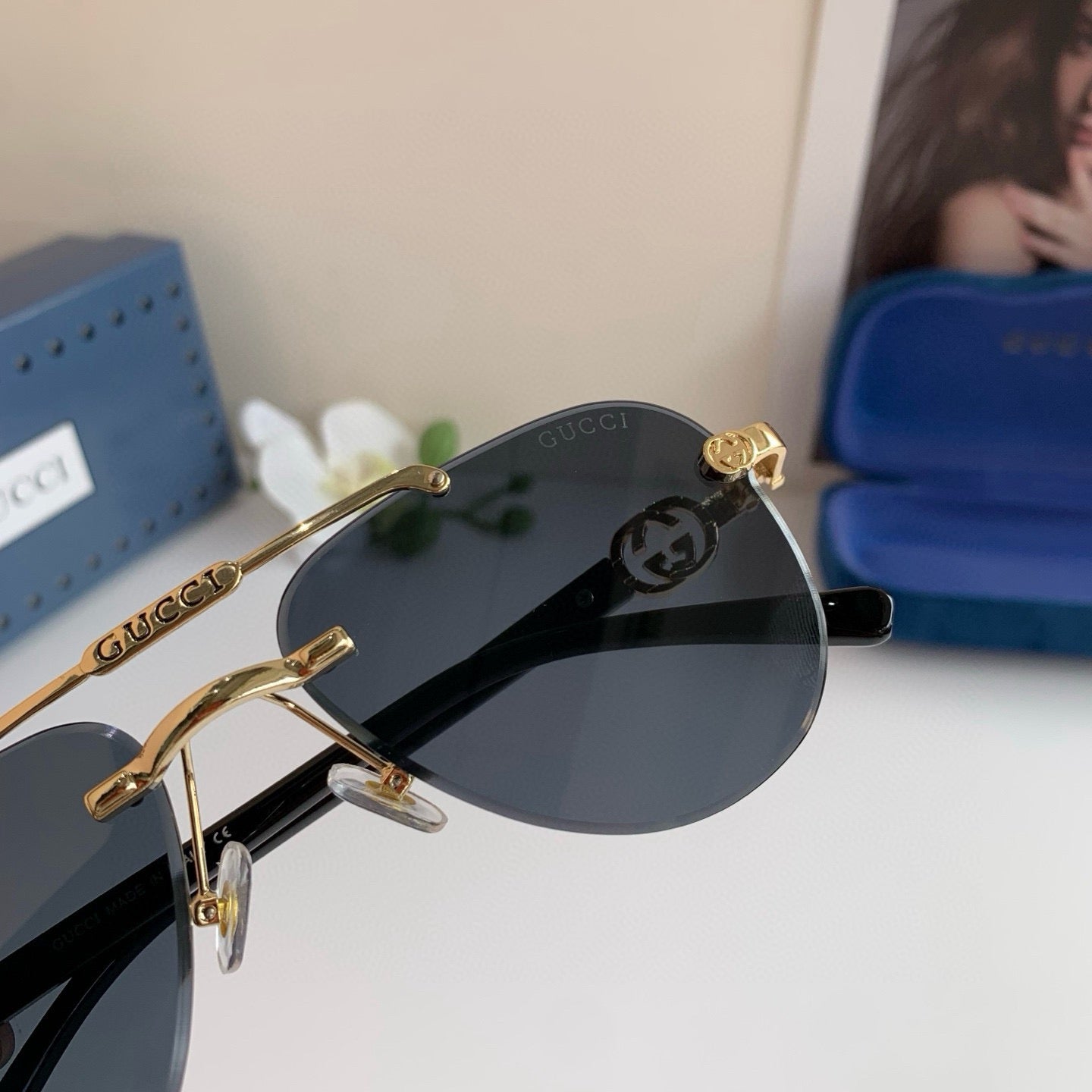 Gucci Metal Aviator Blue Lens Sunglasses for Men & Women - detail image 3