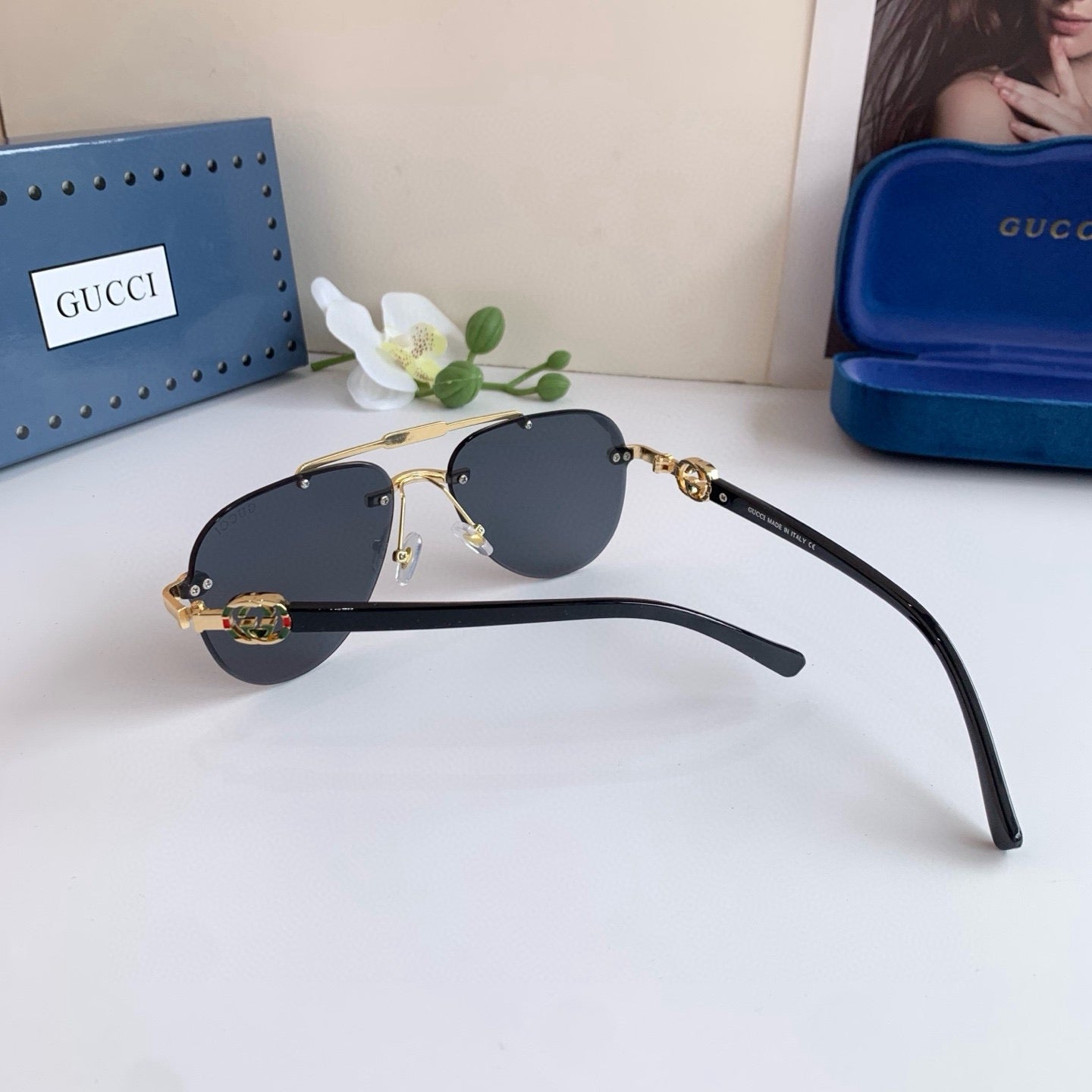 Gucci Metal Aviator Blue Lens Sunglasses for Men & Women - detail image 2