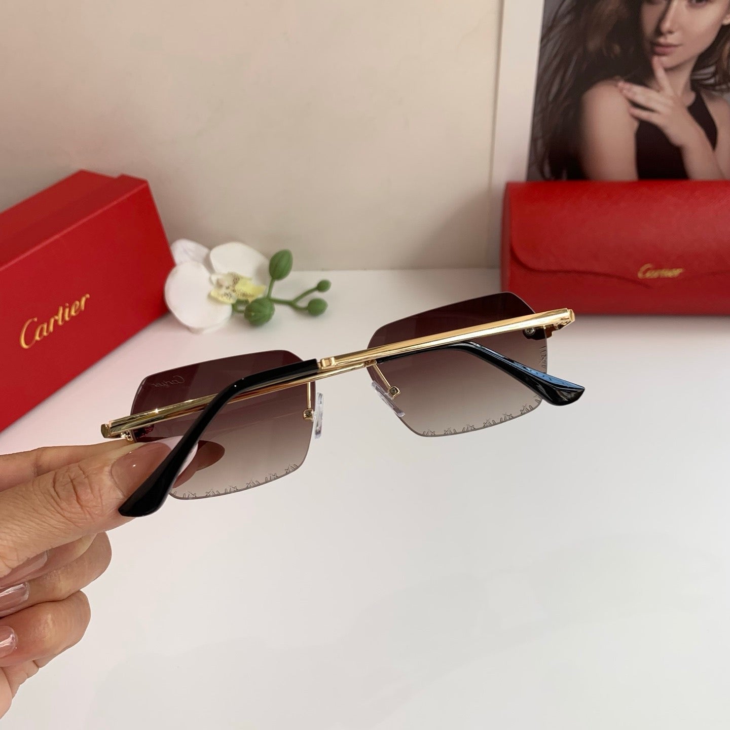 Cartier Lightweight Rimless Red Lens Sunglasses for Men & Women - 158522 - detail image 6