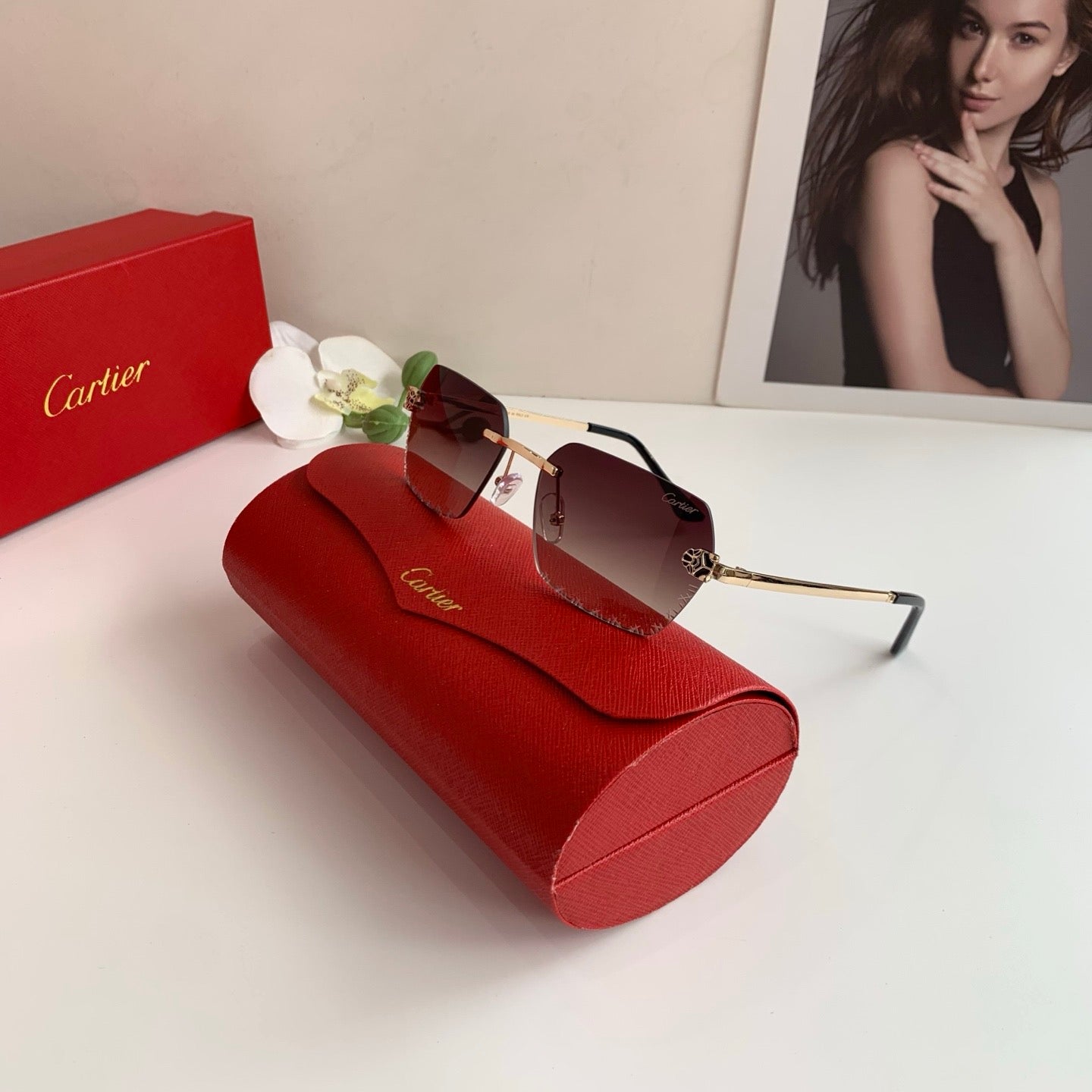 Cartier Lightweight Rimless Red Lens Sunglasses for Men & Women - 158522 - detail image 2