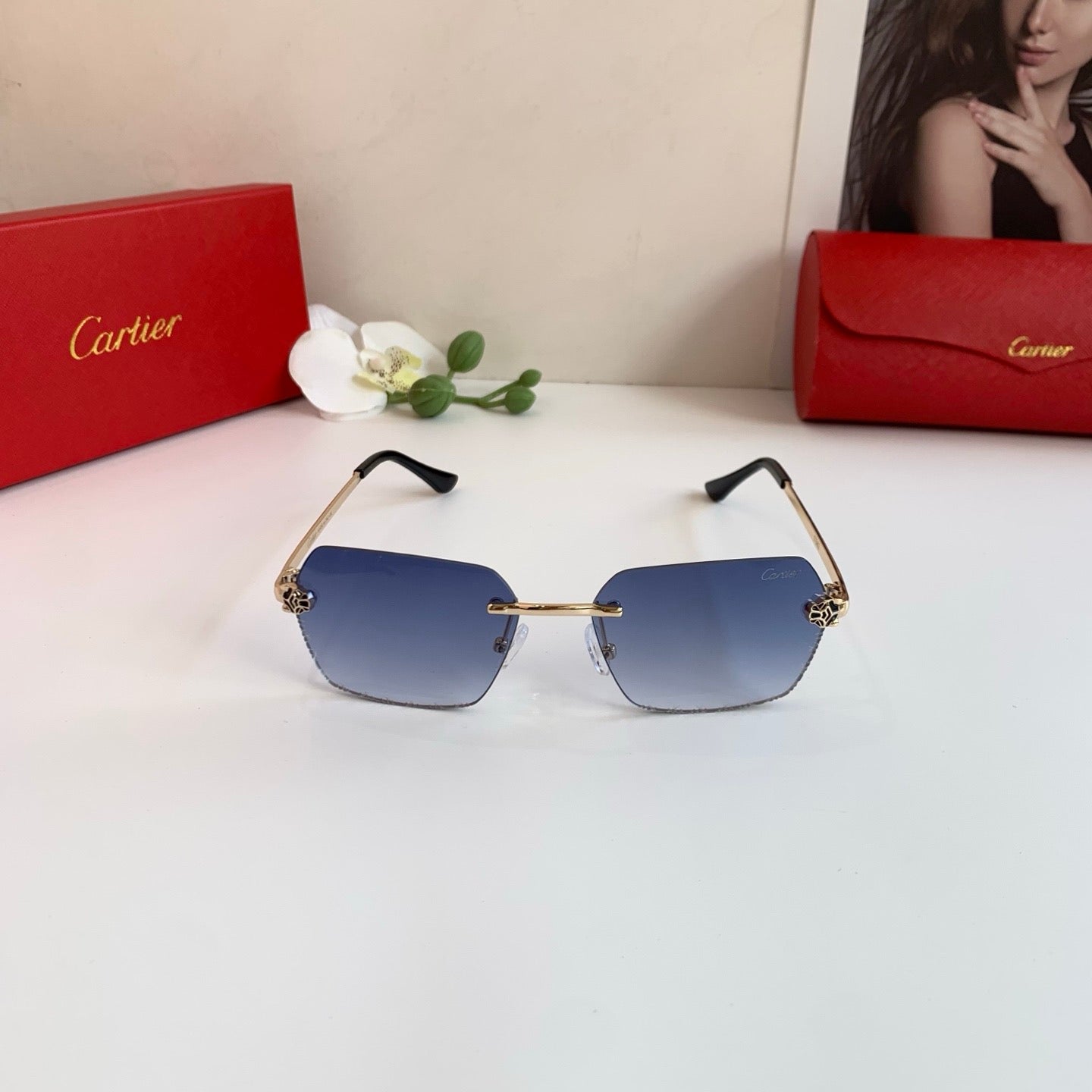 Cartier Lightweight Rimless Blue Lens Sunglasses for Men & Women - 158523 - detail image 2