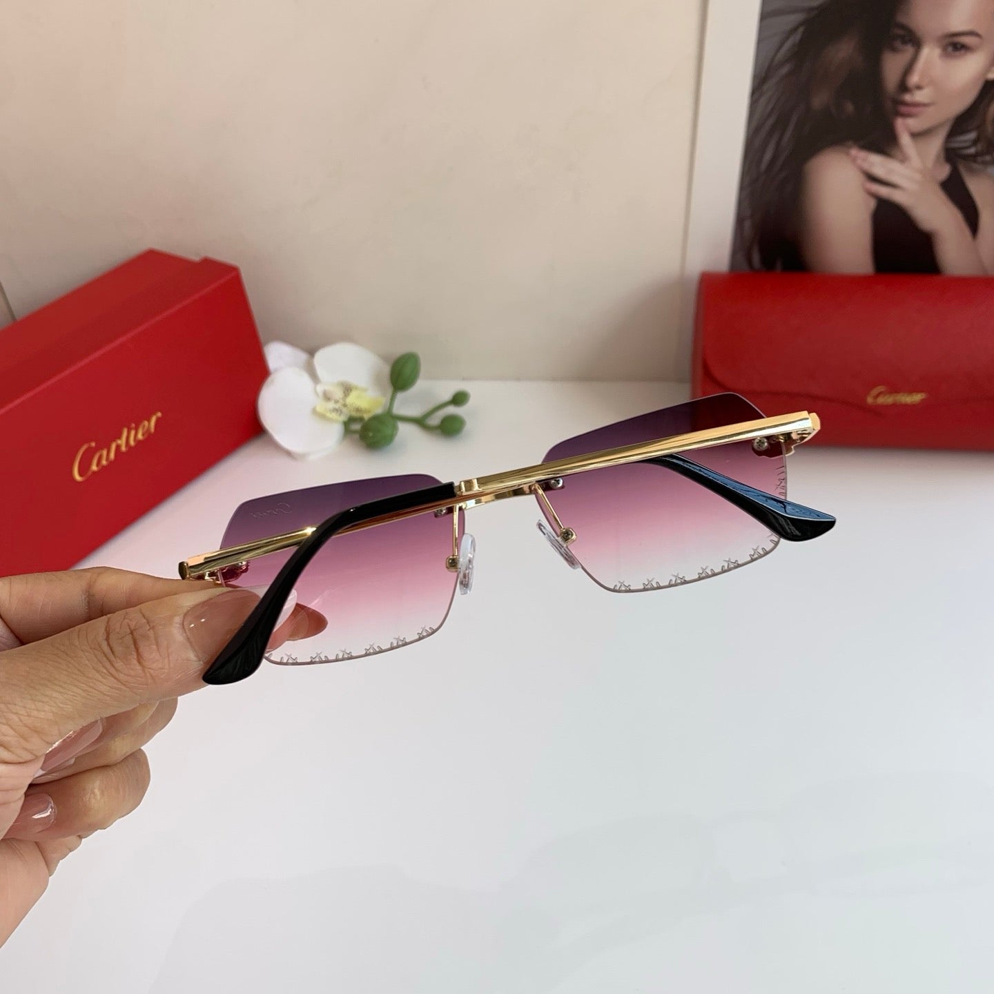 Cartier Lightweight Rimless Purple Lens Sunglasses for Men & Women - 158524 - detail image 6