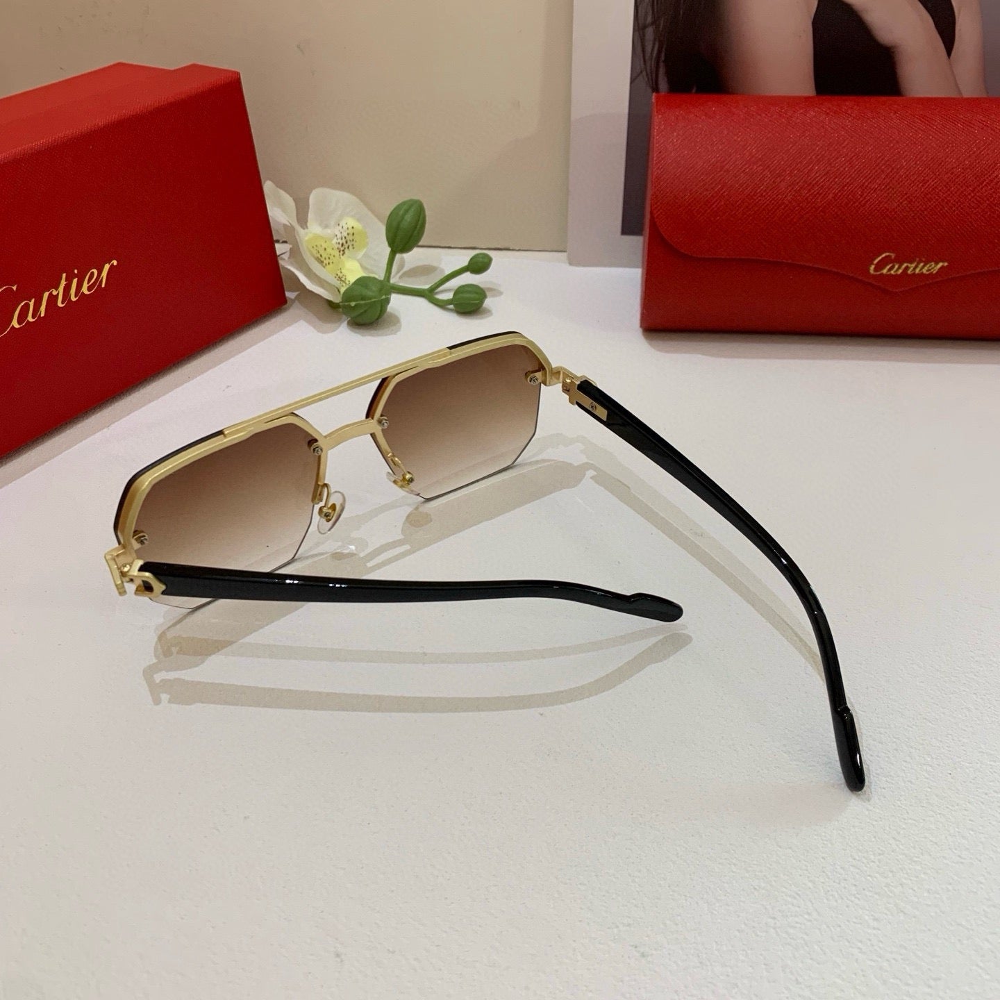 Cartier Metal Square Brown Lens Sunglasses for Men & Women - 432278 - detail image 3