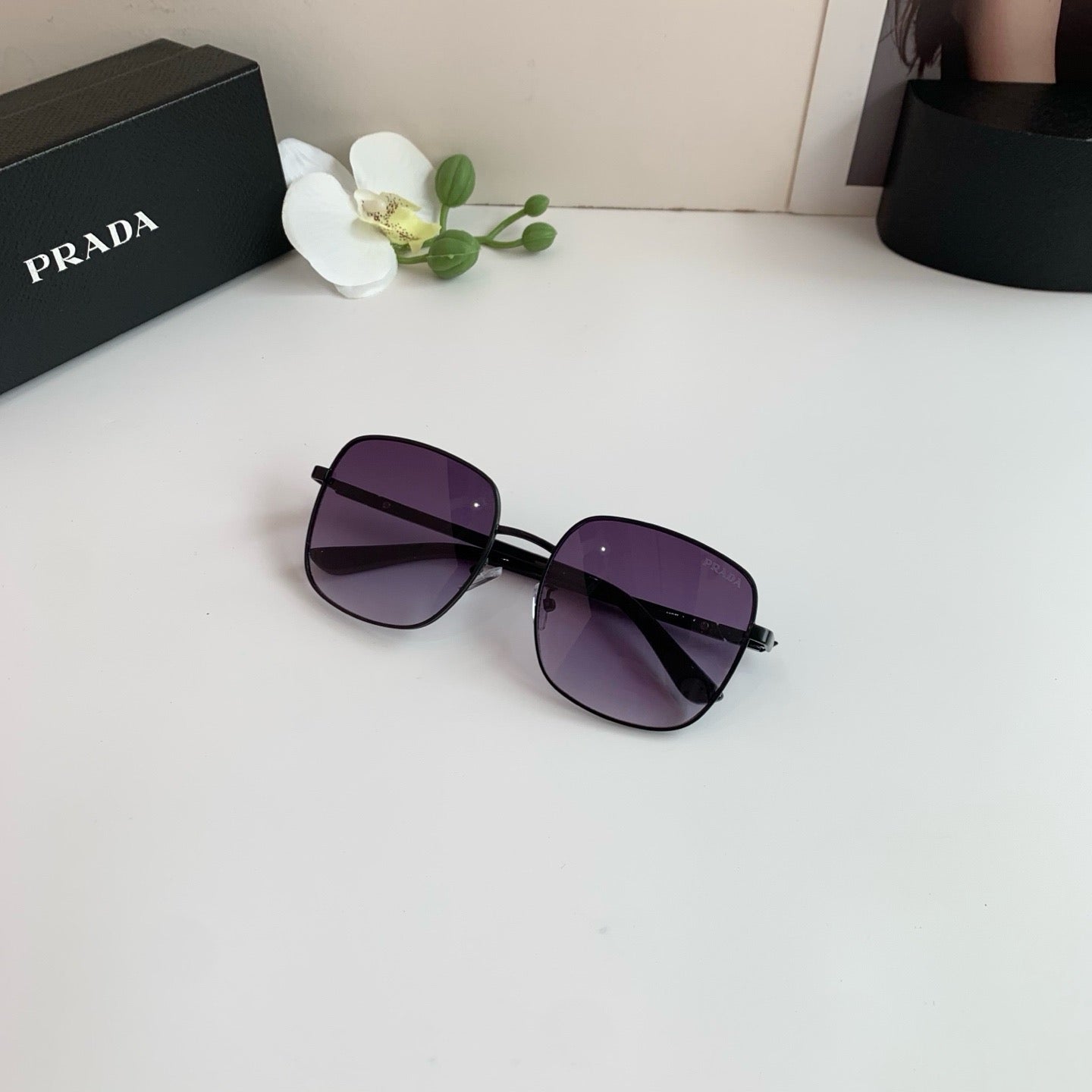 Prada Metal Square Black Lens Sunglasses for Men & Women