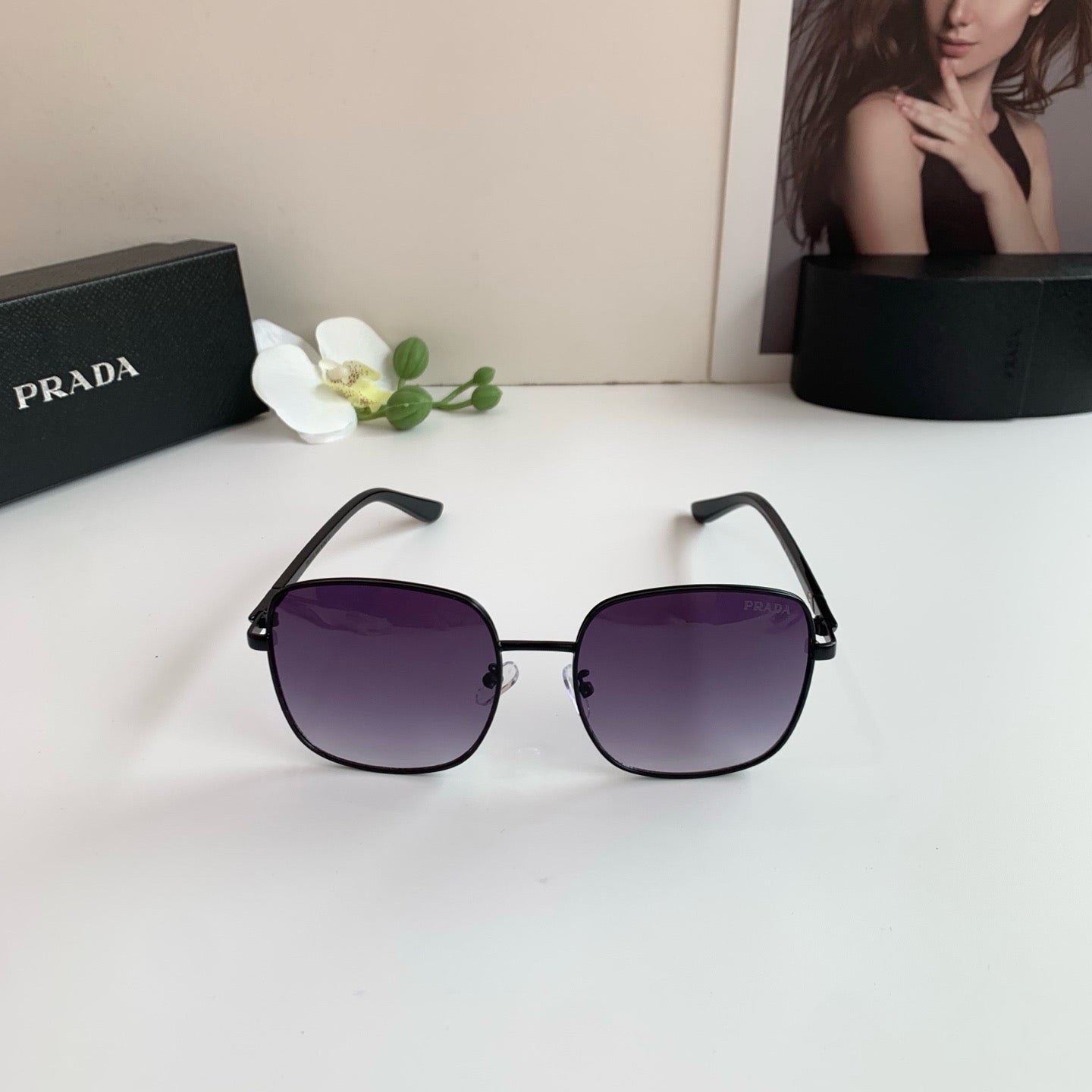Prada Metal Square Black Lens Sunglasses for Men & Women - detail image 2
