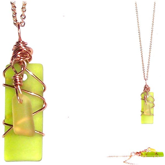 Artisan COPPER wire-wrapped Sea Glass rectangle & dangle beads pendant GREEN dark | 18" chain necklace