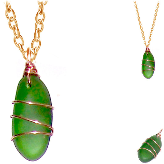 Artisan COPPER wire-wrapped Sea Glass pendant GREEN dark | 18" chain necklace