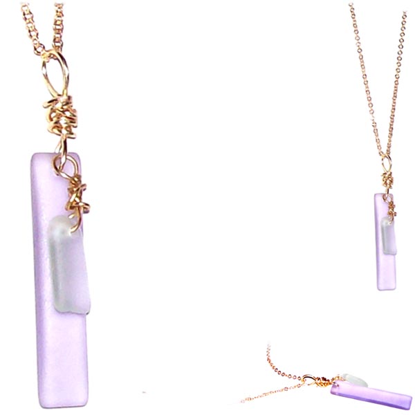Artisan GOLD wire-wrapped Sea Glass rectangle & dangle beads pendant Lavender | 18" chain necklace
