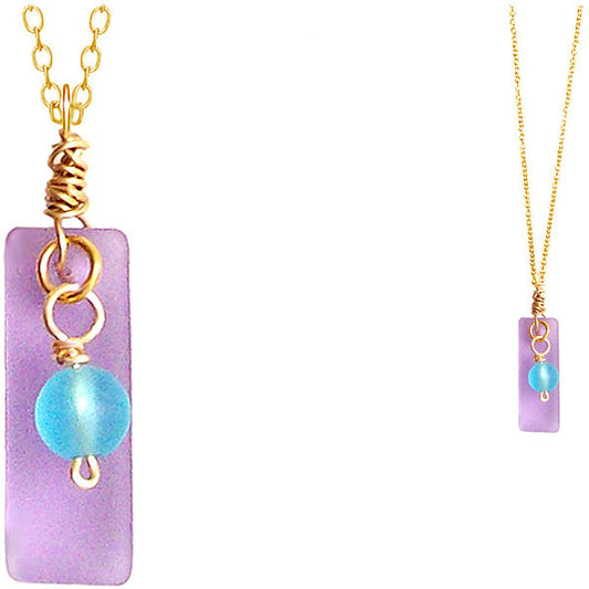 Artisan COPPER wire-wrapped Sea Glass elongated Triangle pendant Lavender Pink | round seaglass bead blue dangle | 18" chain necklace