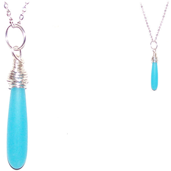 Artisan SILVER wire-wrapped Sea Glass 3D Drop bead pendant Seafoam Blue | 18" chain necklace