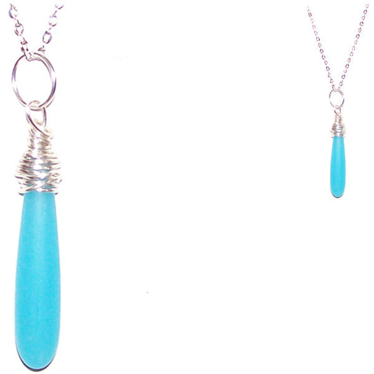 Artisan SILVER wire-wrapped Sea Glass 3D Drop bead pendant Seafoam Blue | 18" chain necklace