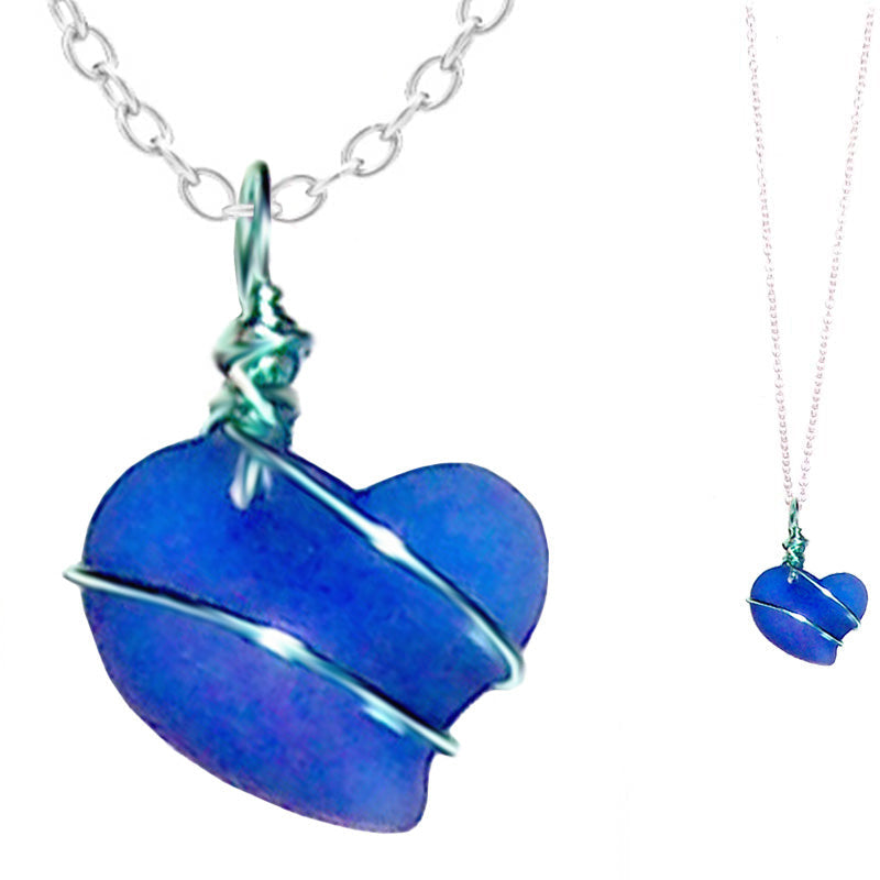 Artisan art cultured SEA GLASS HEART necklace silver non-tarnish 18mm wire-wrapped pendant & silver-plated chain | U PICK