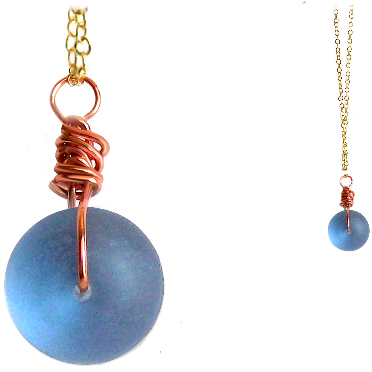 Artisan COPPER wire-wrapped Sea Glass focal bead pendant | BLUE ~14x10mm seaglass bead dangle | 18" chain necklace