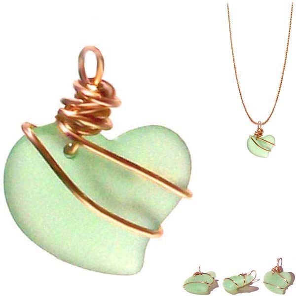 Artisan cultured SEA GLASS HEART necklace Copper non-tarnish 18mm wire-wrapped pendant & plated chain | U PICK