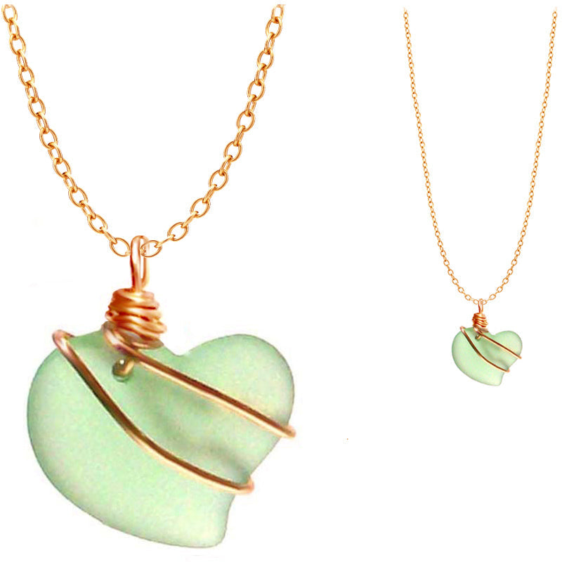 Artisan cultured SEA GLASS HEART necklace Copper non-tarnish 18mm wire-wrapped pendant & plated chain | U PICK