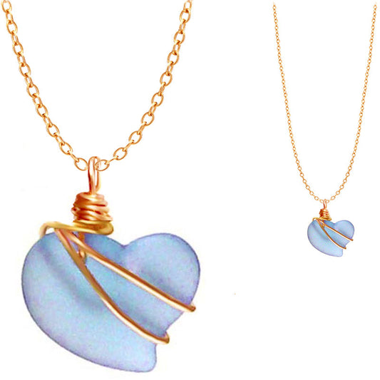 Artisan cultured SEA GLASS HEART necklace Copper non-tarnish 18mm wire-wrapped pendant & plated chain | U PICK