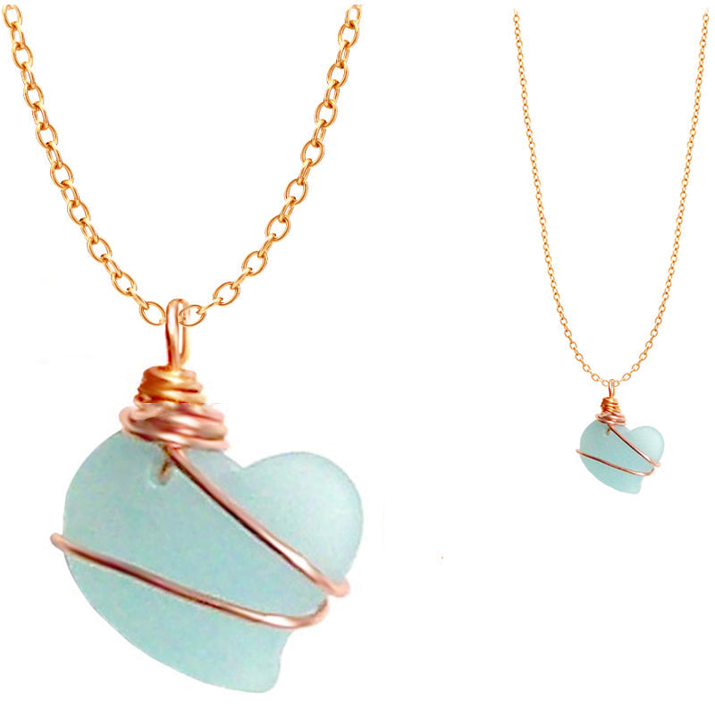 Artisan cultured SEA GLASS HEART necklace Copper non-tarnish 18mm wire-wrapped pendant & plated chain | U PICK