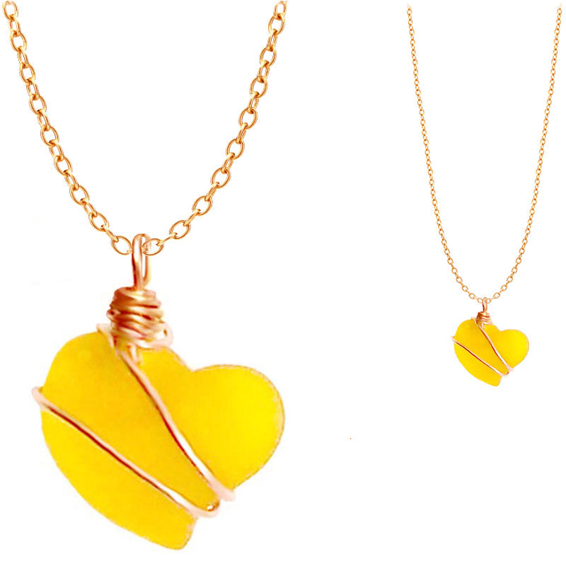 Artisan cultured SEA GLASS HEART necklace Gold non-tarnish 18mm wire-wrapped pendant & plated chain | U PICK