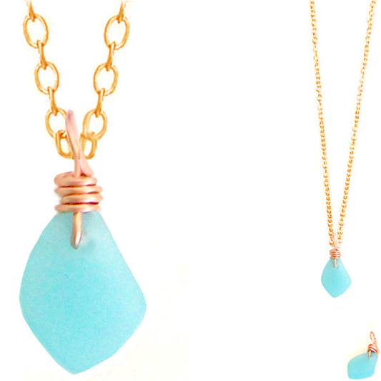 Artisan COPPER wire-wrapped Sea Glass pendant OPAL BLUE | 18" chain necklace #2