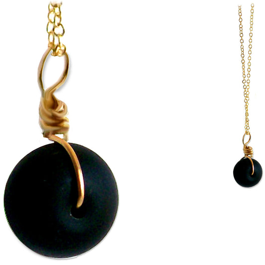 Artisan GOLD wire-wrapped Sea Glass focal bead pendant | BLACK ~14x10mm seaglass bead dangle | 18" chain necklace