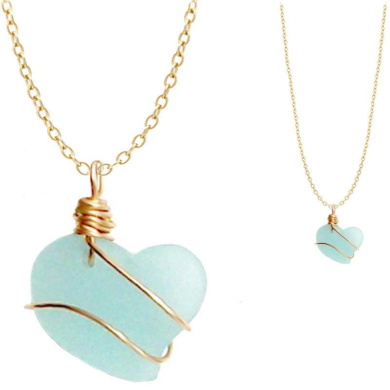 Artisan cultured SEA GLASS HEART necklace Gold non-tarnish 18mm wire-wrapped pendant & plated chain | U PICK