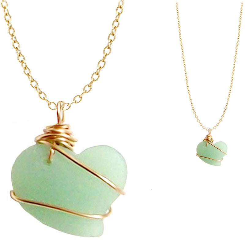Artisan cultured SEA GLASS HEART necklace Copper non-tarnish 18mm wire-wrapped pendant & plated chain | U PICK