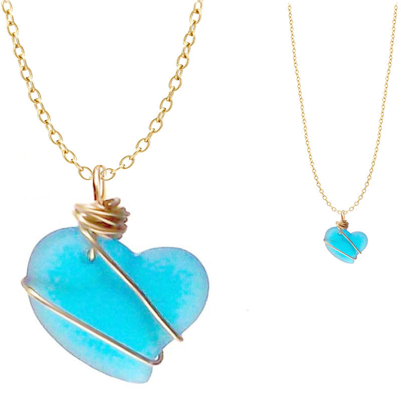 Artisan cultured SEA GLASS HEART necklace Gold non-tarnish 18mm wire-wrapped pendant & plated chain | U PICK