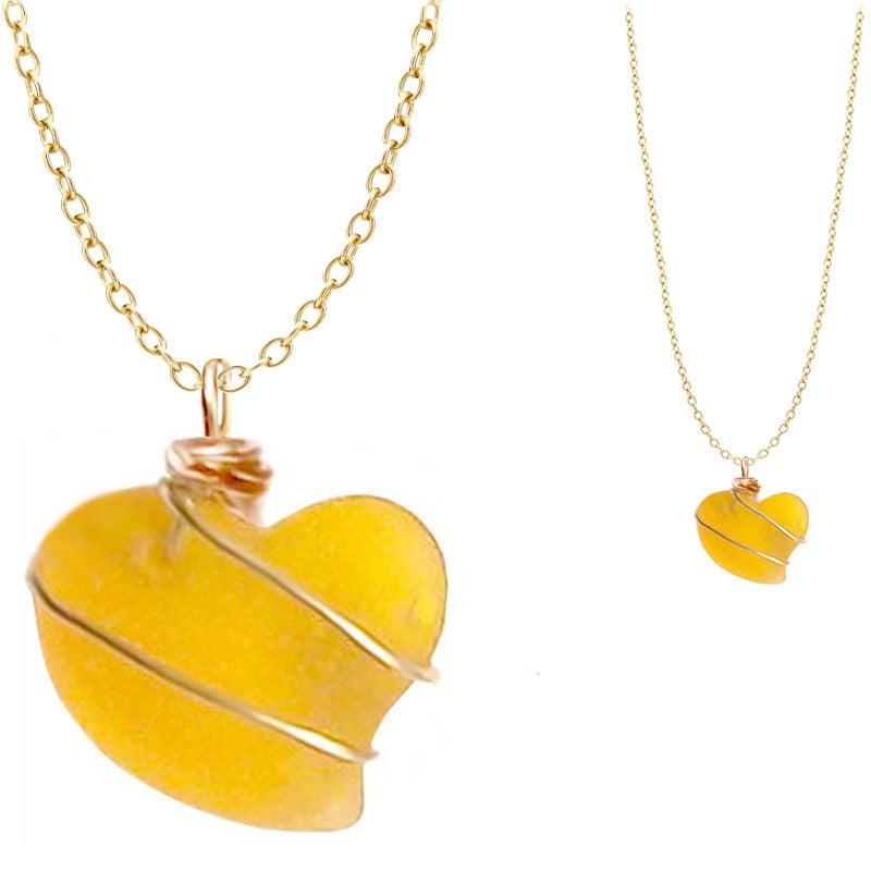 Artisan cultured SEA GLASS HEART necklace Gold non-tarnish 18mm wire-wrapped pendant & plated chain | U PICK