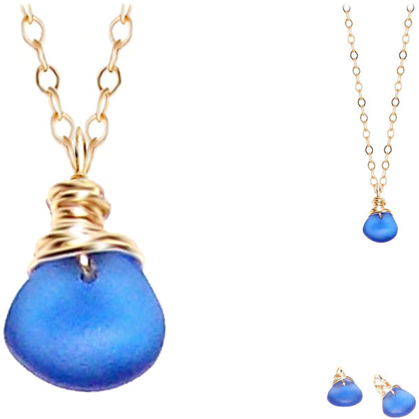 Artisan GOLD wire-wrapped Sea Glass pendant BLUE | 18" chain necklace #1